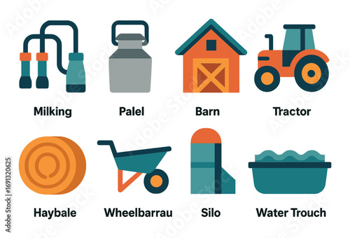 Farming equipment flat icon set. featuring milking, pail, barn, tractor, hay bale, wheelbarrow, silo, water trough.