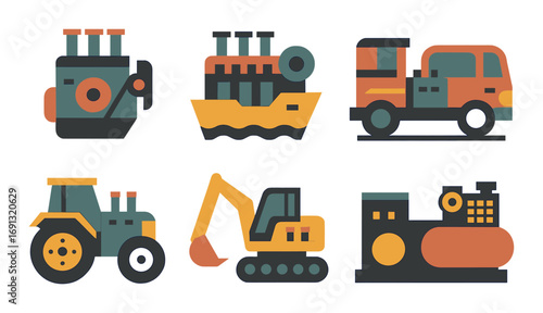 Construction machinery flat icon set. featuring concrete mixer, cargo ship, truck, tractor, excavator, roller.