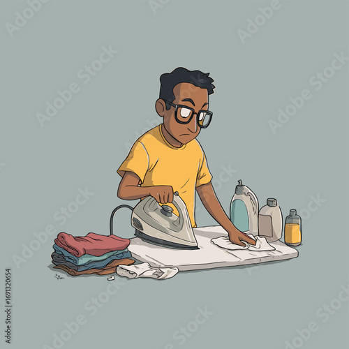A man ironing clothes at home, with a focused expression, surrounded by cleaning supplies, showing the essence of household chores