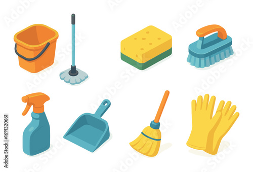 Cleaning tools flat icon set. featuring bucket, mop, sponge, brush, spray bottle, dustpan, broom, gloves.