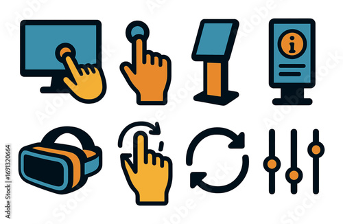 Interactive technology flat icon set. featuring touch screen, virtual reality, kiosk, update, and settings symbols.