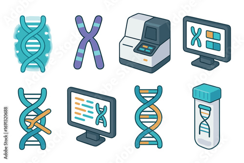 Genetic science flat icons set. featuring dna, chromosome, sequencer, computer, and test tube symbols.
