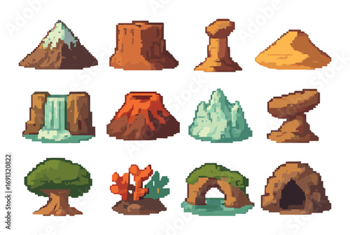 Nature elements flat icon set. featuring mountain, volcano, desert, waterfall, tree, cave, and glacier symbols.