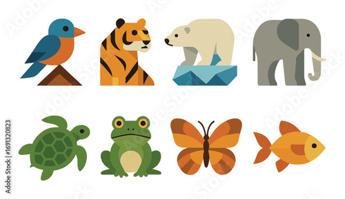 Wildlife animals flat icon set. featuring bird, tiger, bear, elephant, turtle, frog, butterfly, and fish.