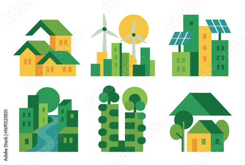 Eco-friendly city flat icon set. featuring houses, wind turbines, solar panels, river, trees, green buildings.