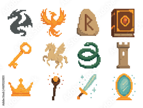 Fantasy elements pixel icon set. featuring dragon, phoenix, rune, book, key, horse, snake, tower, crown, staff, sword, mirror.
