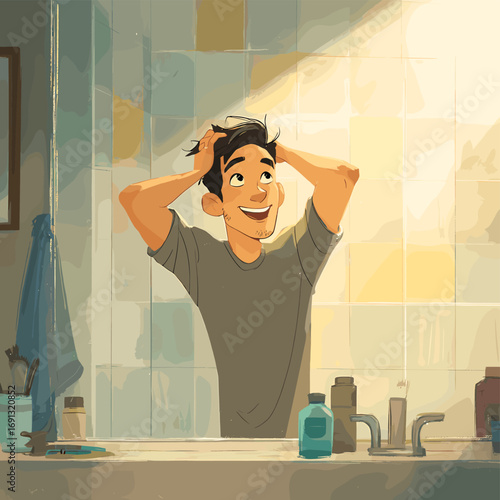 A man stands in bathroom and looking at himself in the mirror