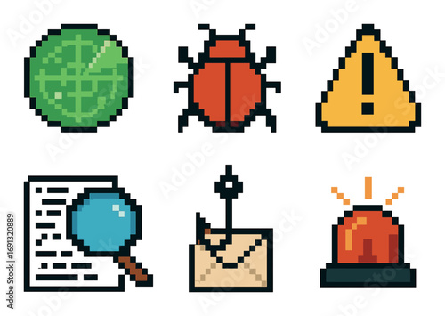 Security and alert pixel icon set. featuring radar, bug, warning, search, letter, alarm symbols.