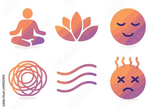Meditation flat icon set. featuring lotus, mindfulness, relaxation, zen, peace, tranquility, yoga, and calm symbols.