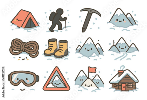 Camping and hiking flat icon set. featuring tent, hiker, ice axe, rope, boots, mountains, and cabin symbols.