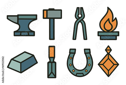 Blacksmith tools flat icon set. featuring anvil, hammer, tongs, fire, metal, chisel, horseshoe, and gem symbols.