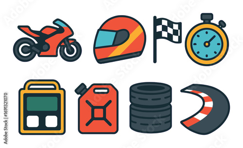 Motorsport flat icon set. featuring motorcycle, helmet, flag, stopwatch, dashboard, fuel, tires, track.