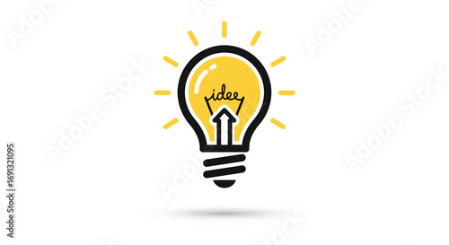 Yellow Light Bulb with 'Idea' Text Inside, Symbolizing Creativity and Innovation, Isolated transparent background.