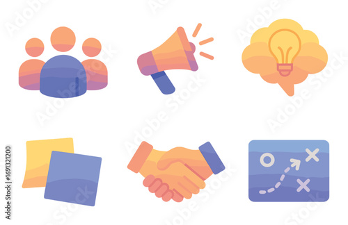 Business strategy flat icon set. featuring team, megaphone, idea, notes, handshake, plan symbols.