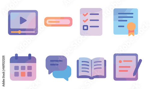 Multimedia education gradient icon set. featuring video, progress, checklist, certificate, calendar, chat, book, and document icons.