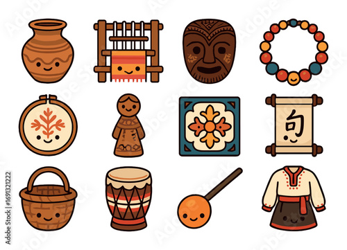 Cultural objects flat icon set. featuring vase, mask, necklace, embroidery, doll, tile, scroll, drum, costume.