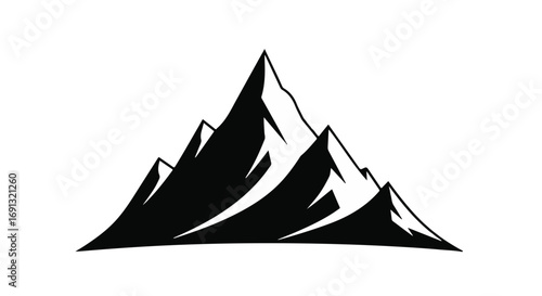 Sharp, jagged mountain peaks create a dramatic silhouette against a white background.