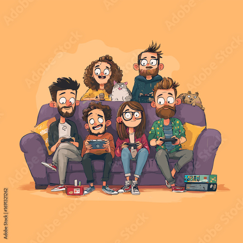 A fun group of friends playing video games on a couch with a orange color background