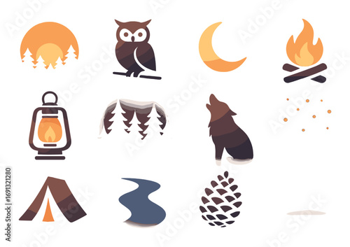 Camping silhouette icon set. featuring sun, owl, moon, campfire, lantern, forest, wolf, stars, tent, river, pinecone, horizon..