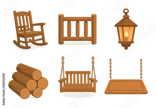 Rustic furniture and decor flat icon set. featuring chair, railing, lamp, logs, swing, and sign.