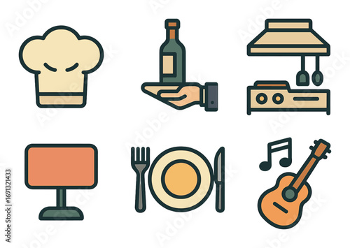 Restaurant and music flat icon set. featuring chef, wine, stove, menu, dining, and guitar symbols.