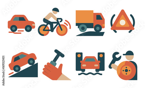 Transportation and safety silhouette icon set. featuring car, bicycle, truck, barrier, repair symbols.