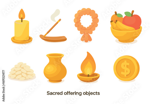 Sacred offering silhouette icon set. featuring candle, incense, garland, fruits, rice, pot, lamp, coin..