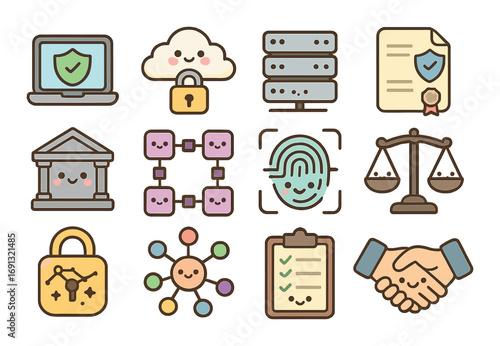 Blockchain security flat icon set. featuring security, cloud, server, contract, bank, network, fingerprint, scales, encryption, audit, handshake symbols.