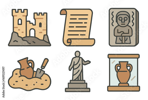 Archaeology flat icons set. featuring castle, scroll, sculpture, artifact, pottery, and museum symbols.