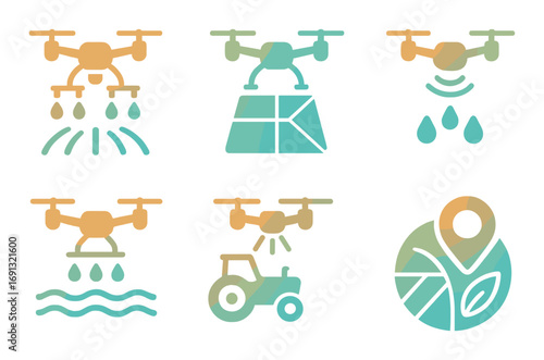 Agriculture silhouette icon set. featuring drone, irrigation, mapping, water, tractor, and location symbols.