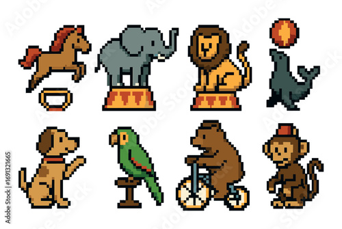 Circus show flat icon set. featuring horse, elephant, lion, seal, dog, parrot, bear, monkey.