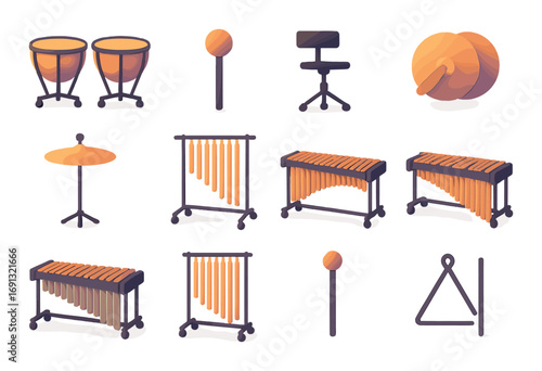 Music instruments flat icon set. featuring timpani, conga, cymbals, tam-tam, marimba, vibraphone, triangle.
