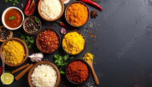 Variety of spices & food arranged artfully. Bowls of colorful ingredients curry, rice, peppers, etc., sit on a dark surface. A culinary experience awaits