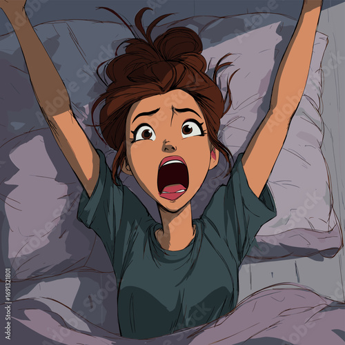 A woman in bed is waking up and stretching out her arms, displaying a tired expression on her face.