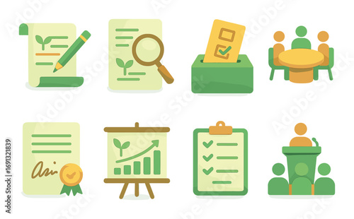 Business management flat icon set. featuring document, contract, analytics, checklist, and meeting symbols.