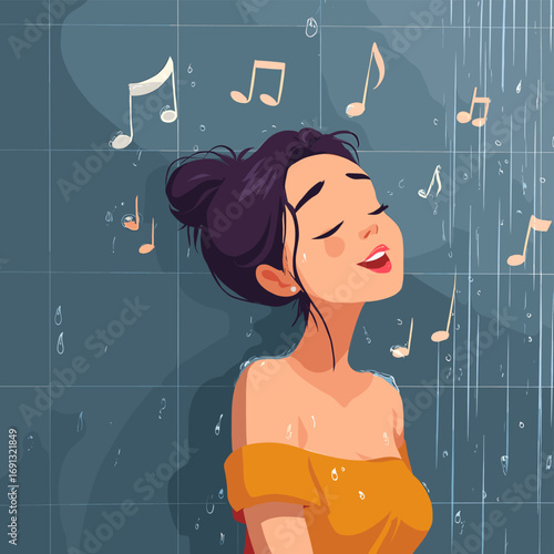 A young woman enjoying a shower with musical notes floating around. The woman looks happy and carefree. The shower environment is captured with a playful style.