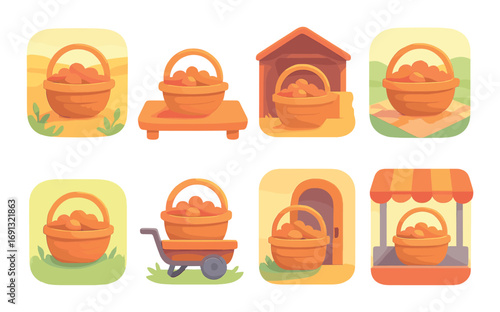 Harvest market flat icon set. featuring basket, orchard, farm, picnic, cart, doorstep, and stall symbols.
