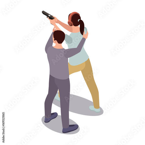 Isometric illustration of a person using a firearm with guidance