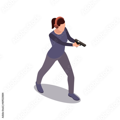 Isometric illustration of a woman practicing shooting at a gun range