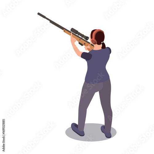 Woman with sniper rifle and headphones aiming at target practice