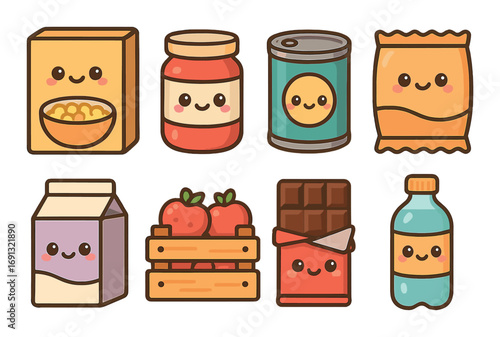Kawaii food flat icon set. featuring cereal, jam, can, chips, milk, strawberries, chocolate, and water bottle.