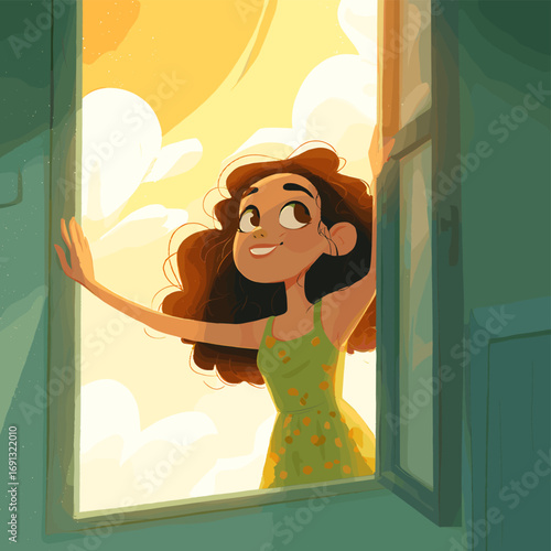 A young woman smiling brightly at the open window with sunlight and optimism