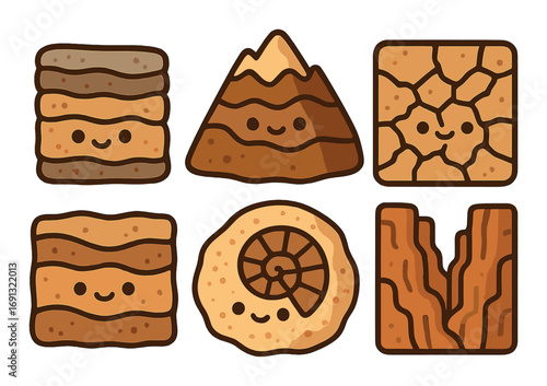 Geology flat icon set. featuring mountains, fossils, deserts, cliffs, rocks, and canyons symbols.