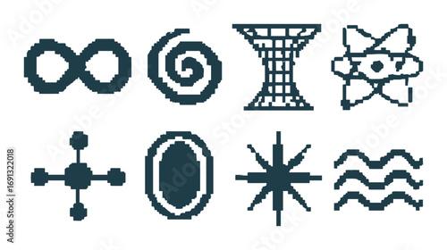Science and math silhouette icons set. featuring infinity, spiral, torus, atom, nodes, oval, starburst, waves.