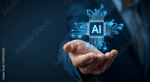 Blue AI chip glows on hand. Artificial intelligence, technology concept, UI/UX design, posters, presentation, website headers, digital marketing.