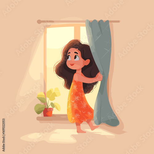 A cute girl is opening a window curtain. She has a bright dress and a gentle smile, surrounded by warm light and sunshine