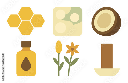 Natural remedies flat icon set. featuring honeycomb, essential oil, plants, coconut, and soap symbols.