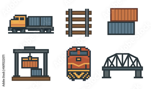 Transportation flat icons set. featuring train, rail, container, crane, locomotive, and bridge symbols.