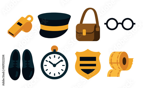 Police equipment flat icons set. featuring whistle, hat, bag, glasses, shoes, stopwatch, badge, handcuffs..