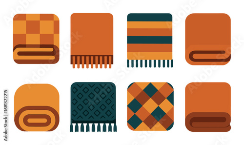 Blanket linear icon set. featuring plaid, folded, striped, woven, patterned, checkered, and knotted designs.